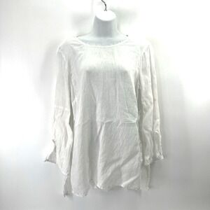J Jill Linen Shirt Sz S White Long Sleeve Relaxed Frayed Hem Coastal Resort Vaca